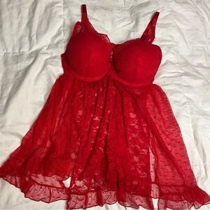 Red Lace Babydoll Lingerie Sheer Mesh Ruffle Hem Underwire Cup Bustier Nightie M